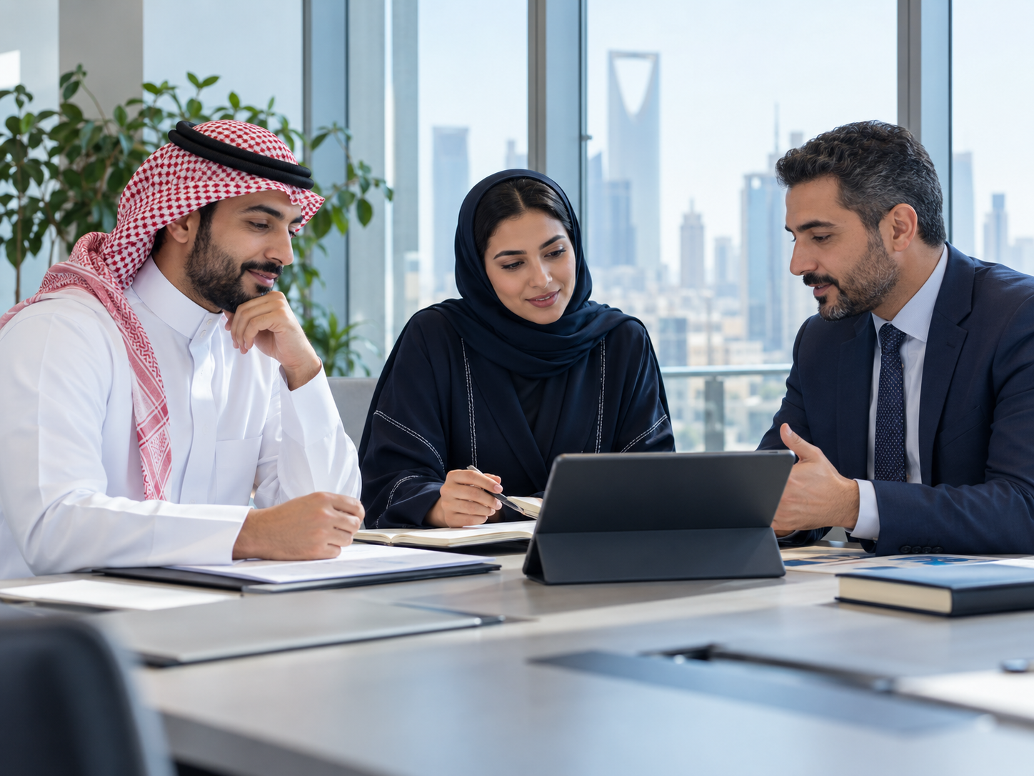 فريق يناقش احتياجات التدريب مع مدرب متخصص